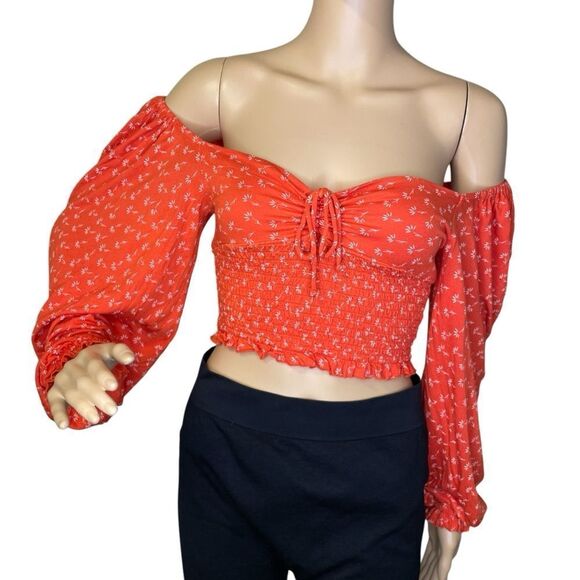 Urban Outfitters Off Shoulder Long Sleeve Crop Top Orange White Floral Medium - Picture 1 of 13
